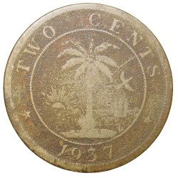 Alternative view of Old Nickel-Brass 2 Cents of Liberia (AD 1937) with Elephant/Palm Tree