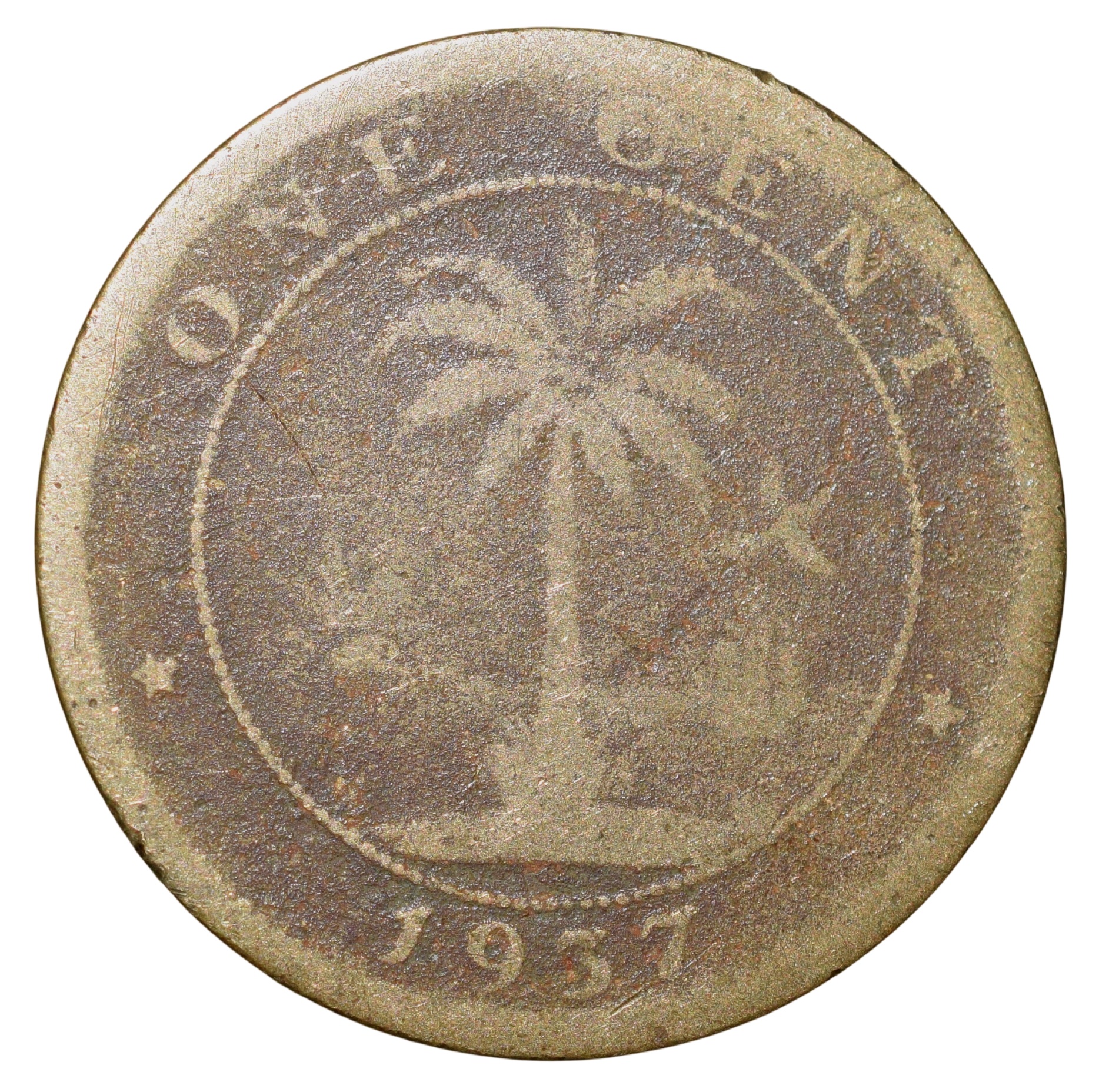 Old Nickel-Brass 1 Cent of Liberia (AD 1937) with Elephant/Palm Tree