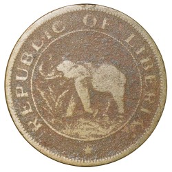 Old Nickel-Brass 2 Cents of Liberia (AD 1937) with Elephant/Palm Tree