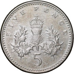 Alternative view of Copper-Nickel 5 New Pence of Elizabeth II (AD 1990) from United Kingdom