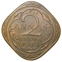 Alternative view of Nickel-Brass 2 Annas of George VI (AD 1943) of Bombay Mint Head Type II Beautiful Grade