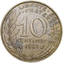 Alternative view of Brass 10 Centimes of France ( AD 1993) with Marianne face left