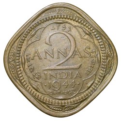 Alternative view of Nickel-Brass 2 Annas of George VI(AD 1944) of Bombay Mint Head II in Beautiful Grade