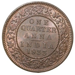 Alternative view of Bronze 1/4 Anna of George V (AD 1933) of Calcutta Mint Die-Clash Error in UNC Grade Rare