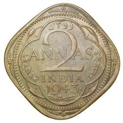 Alternative view of Nickel-Brass 2 Annas of George VI (AD 1943) of Bombay Mint Head Type II Beautiful Grade