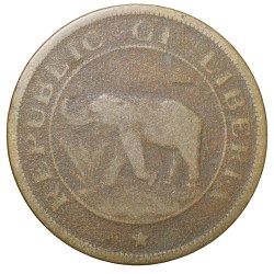 Old Nickel-Brass 2 Cents of Liberia (AD 1937) with Elephant/Palm Tree