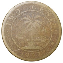 Alternative view of Old Nickel-Brass 2 Cents of Liberia (AD 1937) with Elephant/Palm Tree