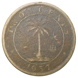 Alternative view of Old Nickel-Brass 2 Cents of Liberia (AD 1937) with Elephant/Palm Tree