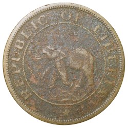 Old Nickel-Brass 2 Cents of Liberia (AD 937) with Elephant/Palm Tree