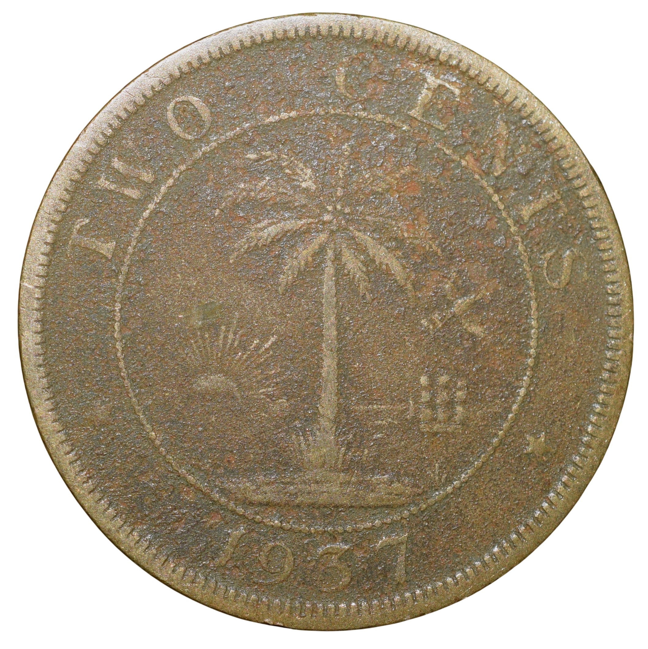 Old Nickel-Brass 2 Cents of Liberia (AD 937) with Elephant/Palm Tree