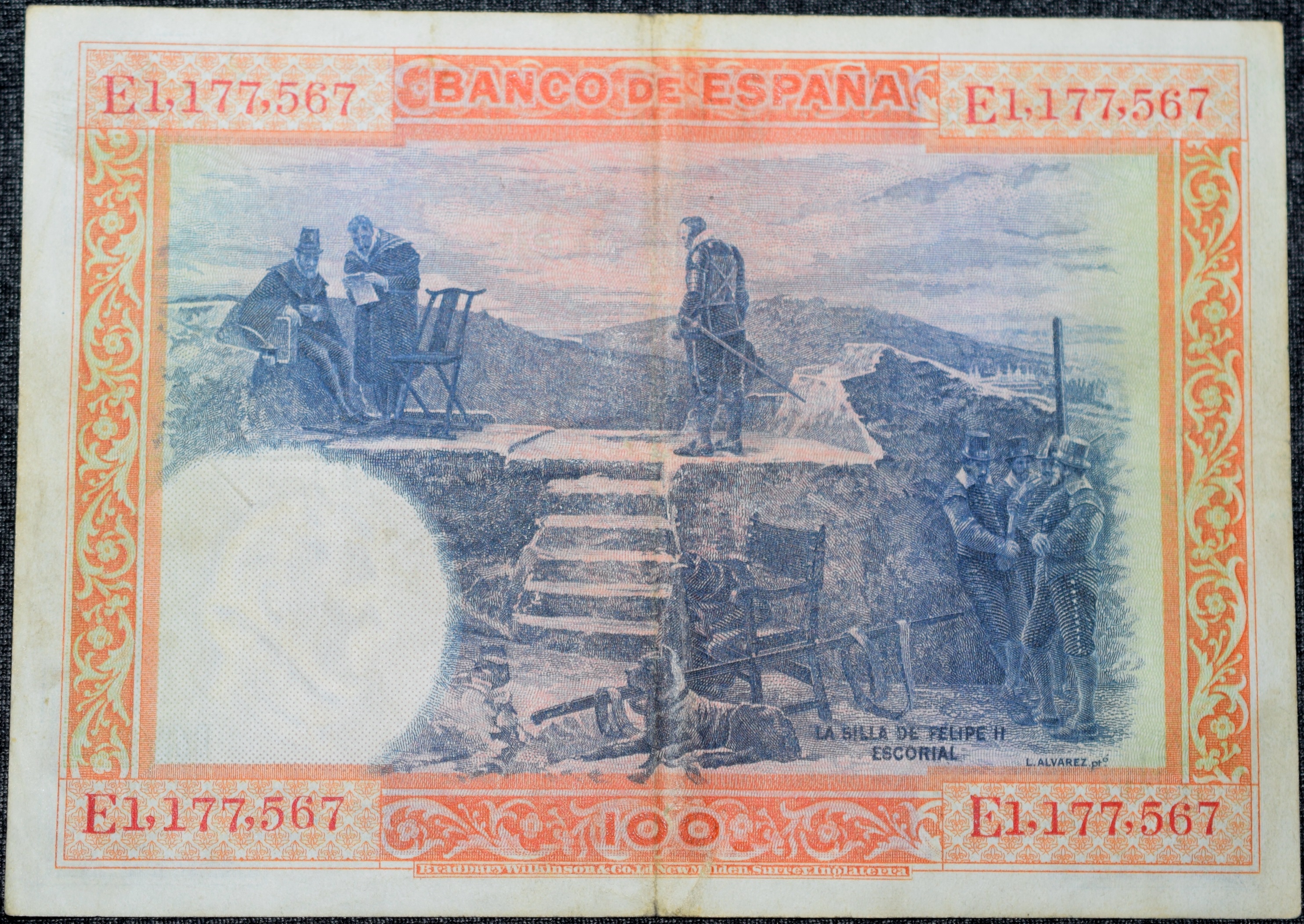 Old 100 Pesetas of Spain (AD 1925) with Portrait of King Philip II/L. Álvarez "La Silla de Felipe II" Painting