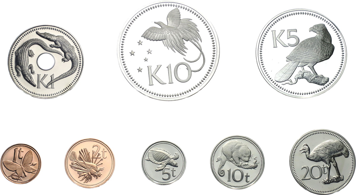 Firdt Coinage Of Papua New Guinea Proof Set Minted At The Franklin Mint ; 1 - 2 - 5 - 10 - 20 Toea & 1 - 5 - 10 Kina 1975 ; In Original Box Rare (8 Coin Set) Included 2 Silver Coin