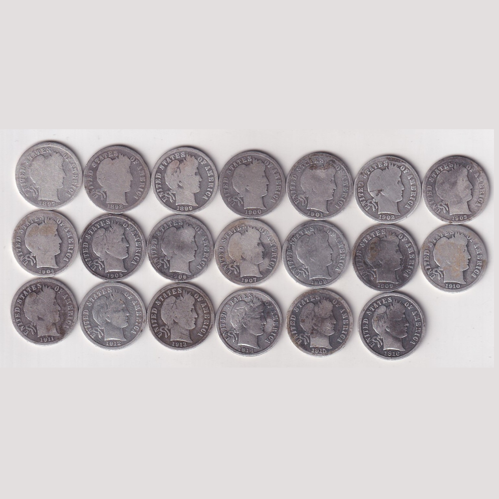 20 Different Date America One Dime "Barber Dime" Rare Silver Coin ( 20 Coin Set ) #C-16