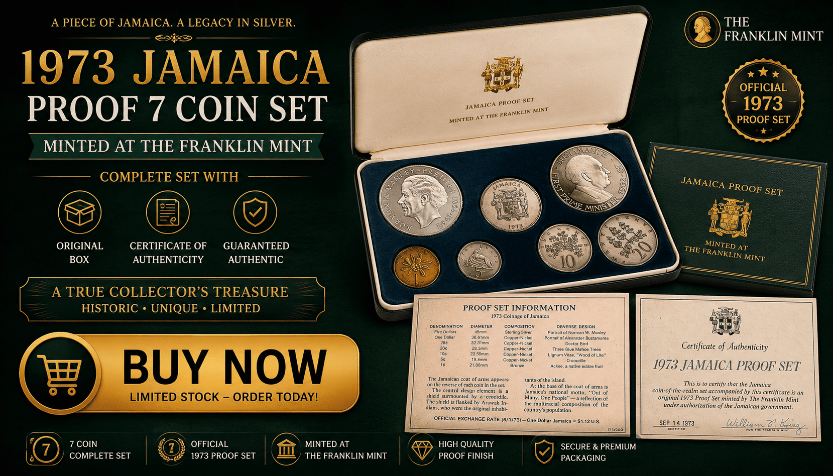1973 JAMAICA PROOF 7 COIN SET WITH ( Box / COA ) MINTED AT THE FRANKLIN MINT