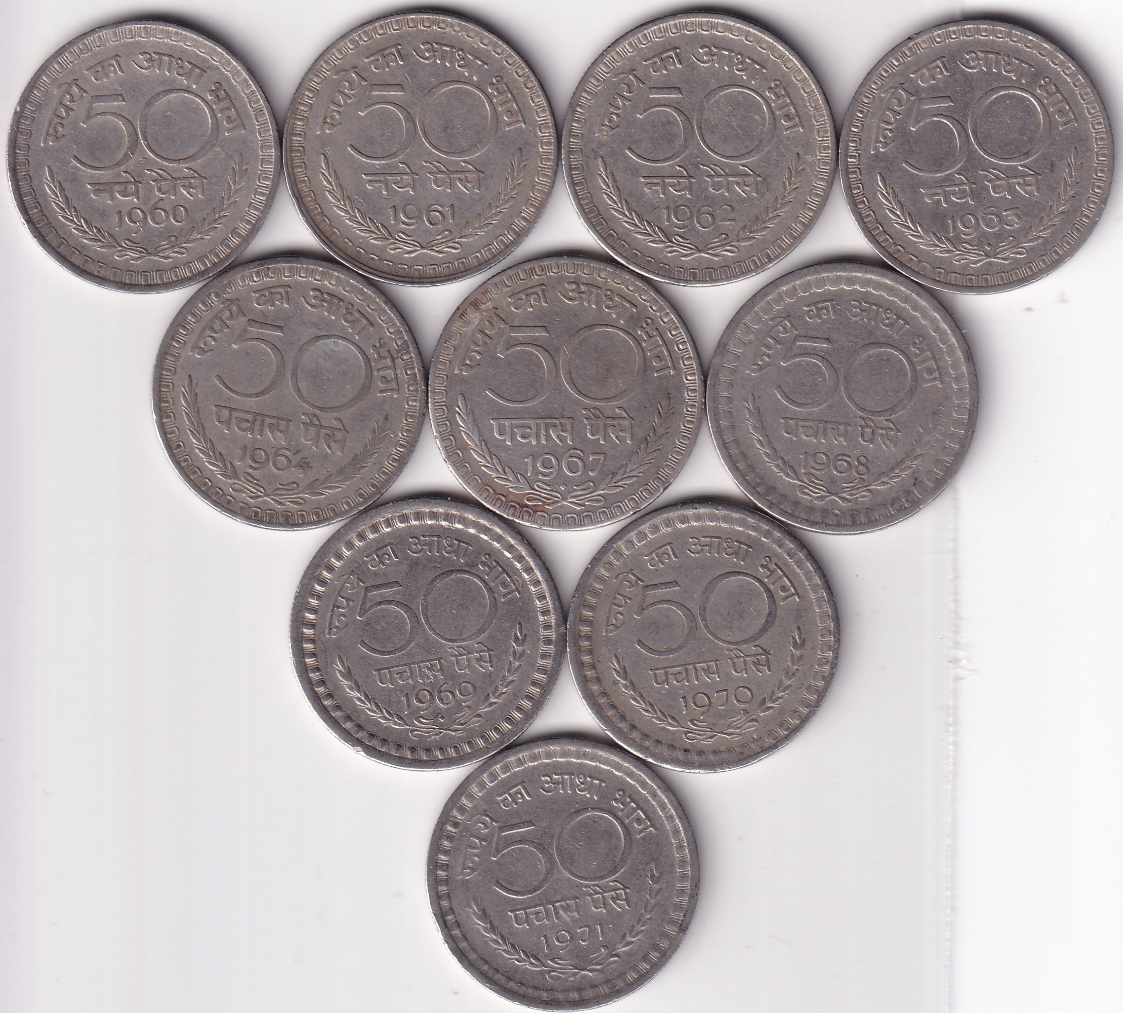 Old Issue 10 Different Years Collection Lot 50 Paise Republic India 1960 to 1971 Set