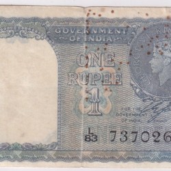 One Rupee 1940 Cleaned Note of King George VI British India #2