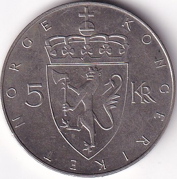 Norway 5 Kroner 100th anniversary - Krone system 1975 Copper Nickel Coin