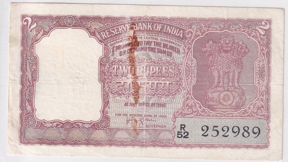 Cleaned Note of 2 Rupees H.v.r Iyengar Signed Half Tiger Very Fine Note