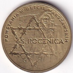 Poland 2 Zlotys 65th Anniversary of Warsaw Ghetto Uprising 2008 Nordic Gold Coin