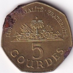 Alternative view of Haiti 5 Gourdes 1998 Used Brass Plated Steel Coin