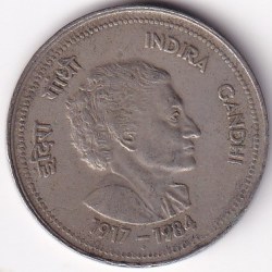 Big Size 31 mm Copper Nickel 5 Rupees Indira Gandhi 1989 Extra Fine Coin