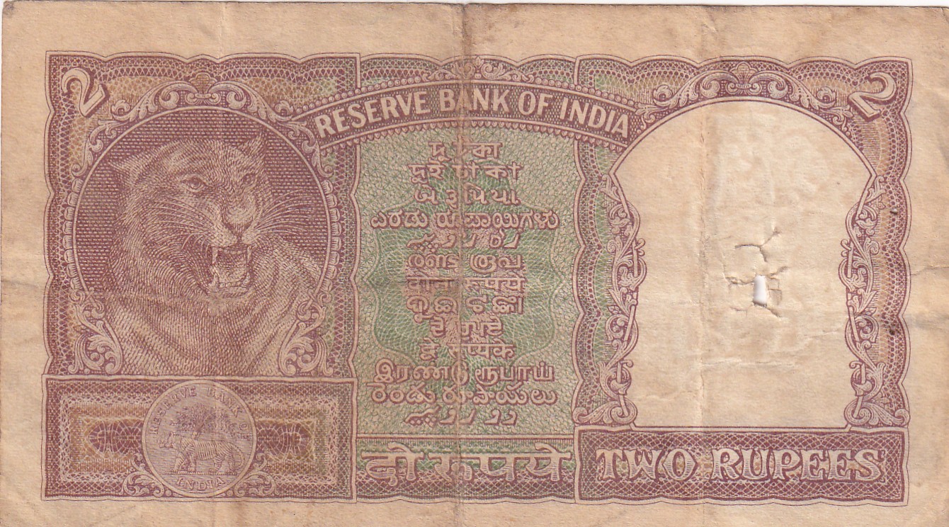 2 Rupees Half Tiger Governor P.C Bhattacharya Rare Note
