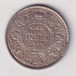 India - British One Rupee 1916 - George V Rare Silver ( CUD ERROR ) Coin #C-13
