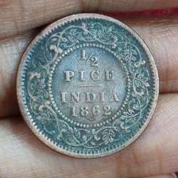 Alternative view of India - British ½ Pice 1862 - Victoria Rare Coin #E-50