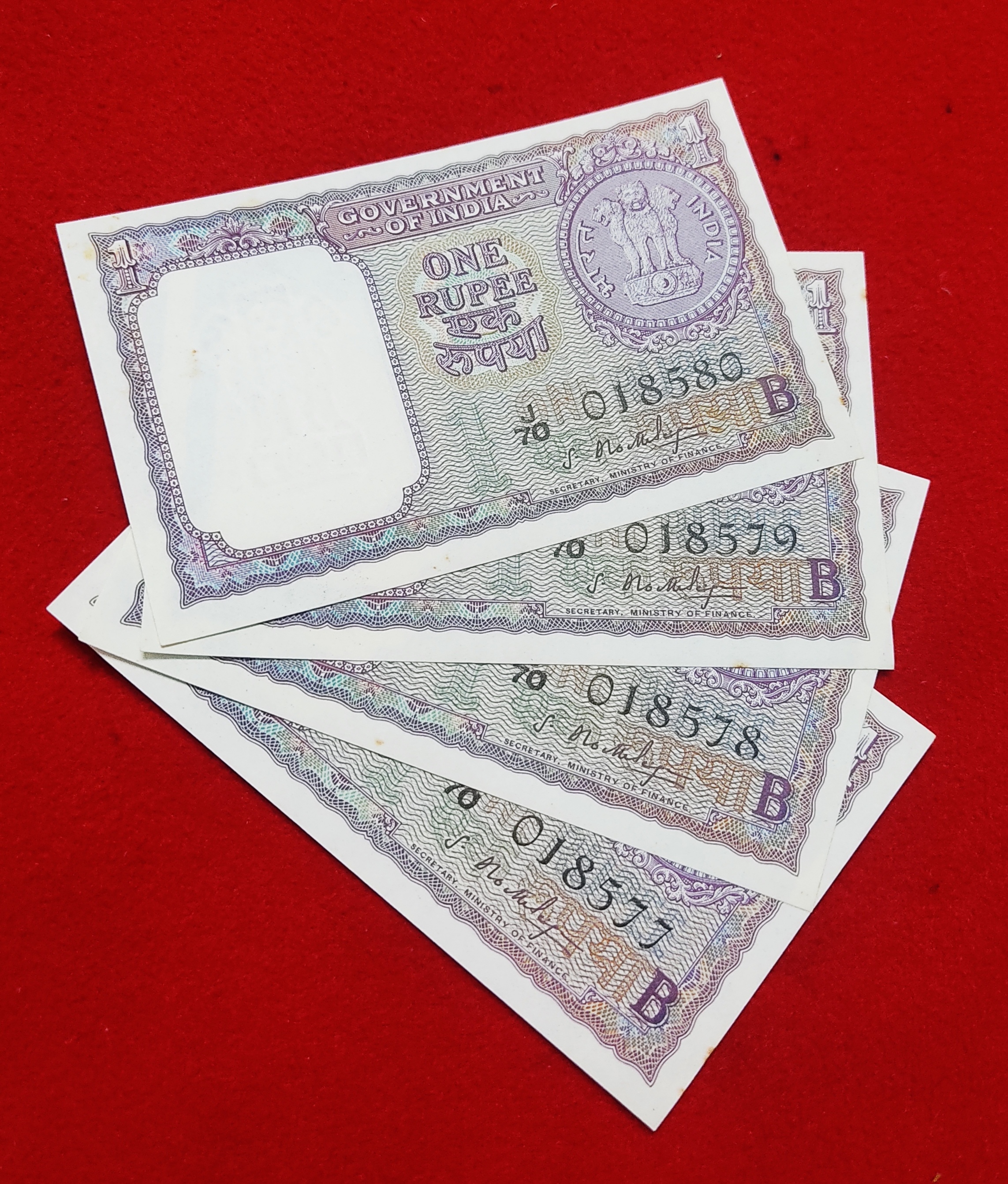 A -15 ONE RUPEE 4 NOTE SET S. BHOOTHALINGAM 1965 GEM UNC CONDITION