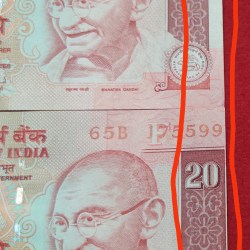 Alternative view of 20 RUPEES CUTTING ERROR COMPLETE SERIAL BUNDLE OF 100 BANKNOTES GEM UNC CONDITION