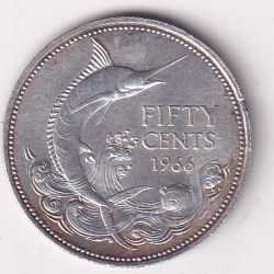 Bahamas, 50 Cents 1966 - Elizabeth II Rare Silver (.800) Weight 10.3678 g Rare Coin #C-24