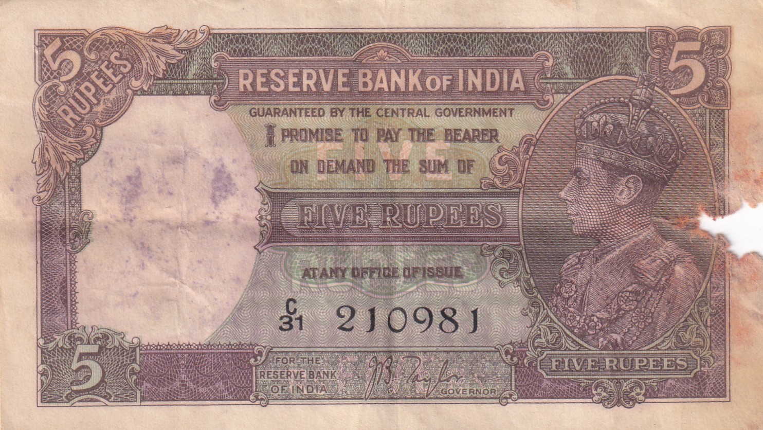 British-India 5 Rupees (George VI) Governor J B Taylor Rare Note (Condition As Per Image)