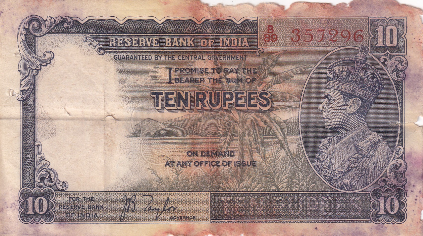 British-India 10 Rupees (George VI) Governor J B Taylor Rare Note (Condition As Per Image)