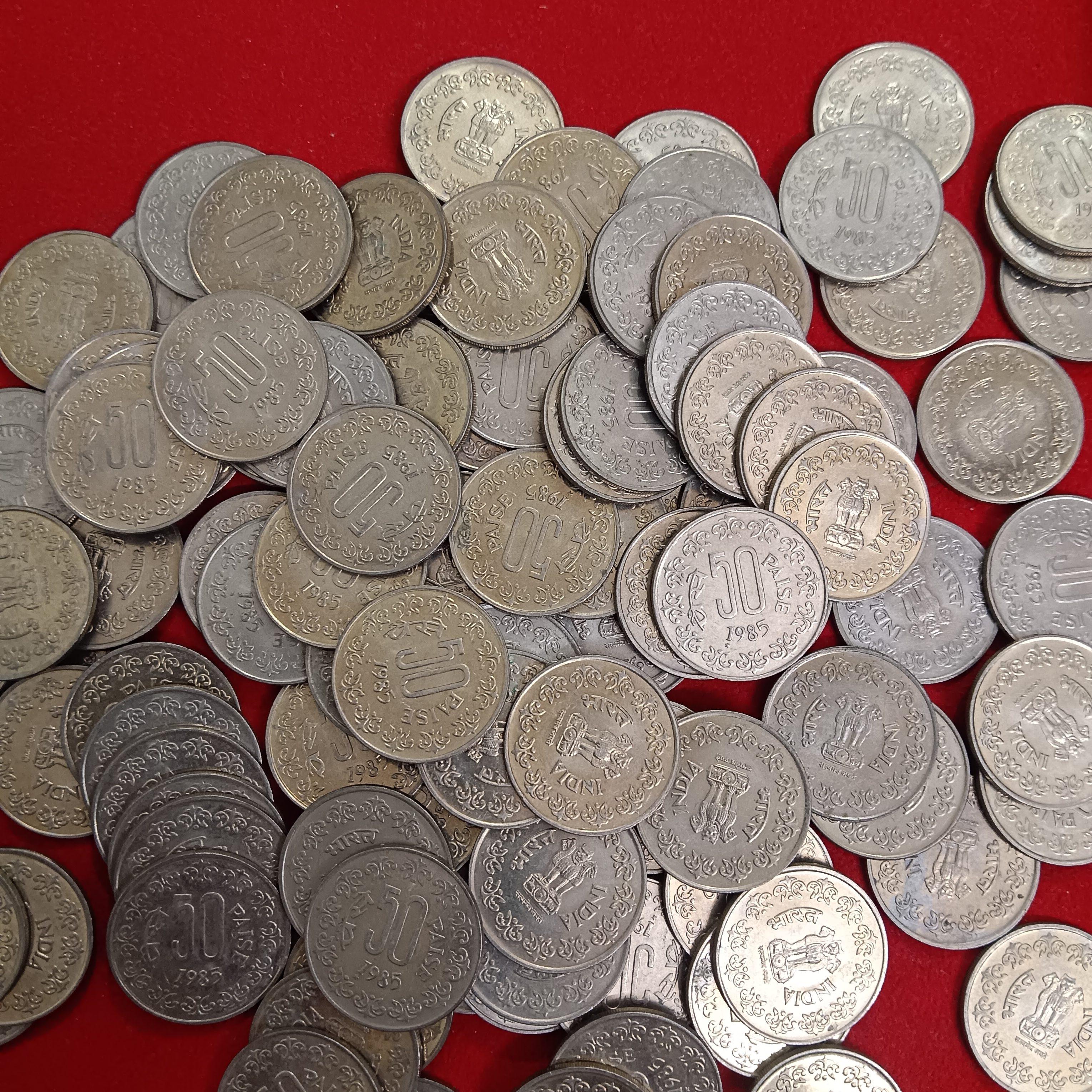 50 Paise Copper Nickel Scare Coins 1985 Year Hyderabad Mint 50 Pcs Given Unc Condition