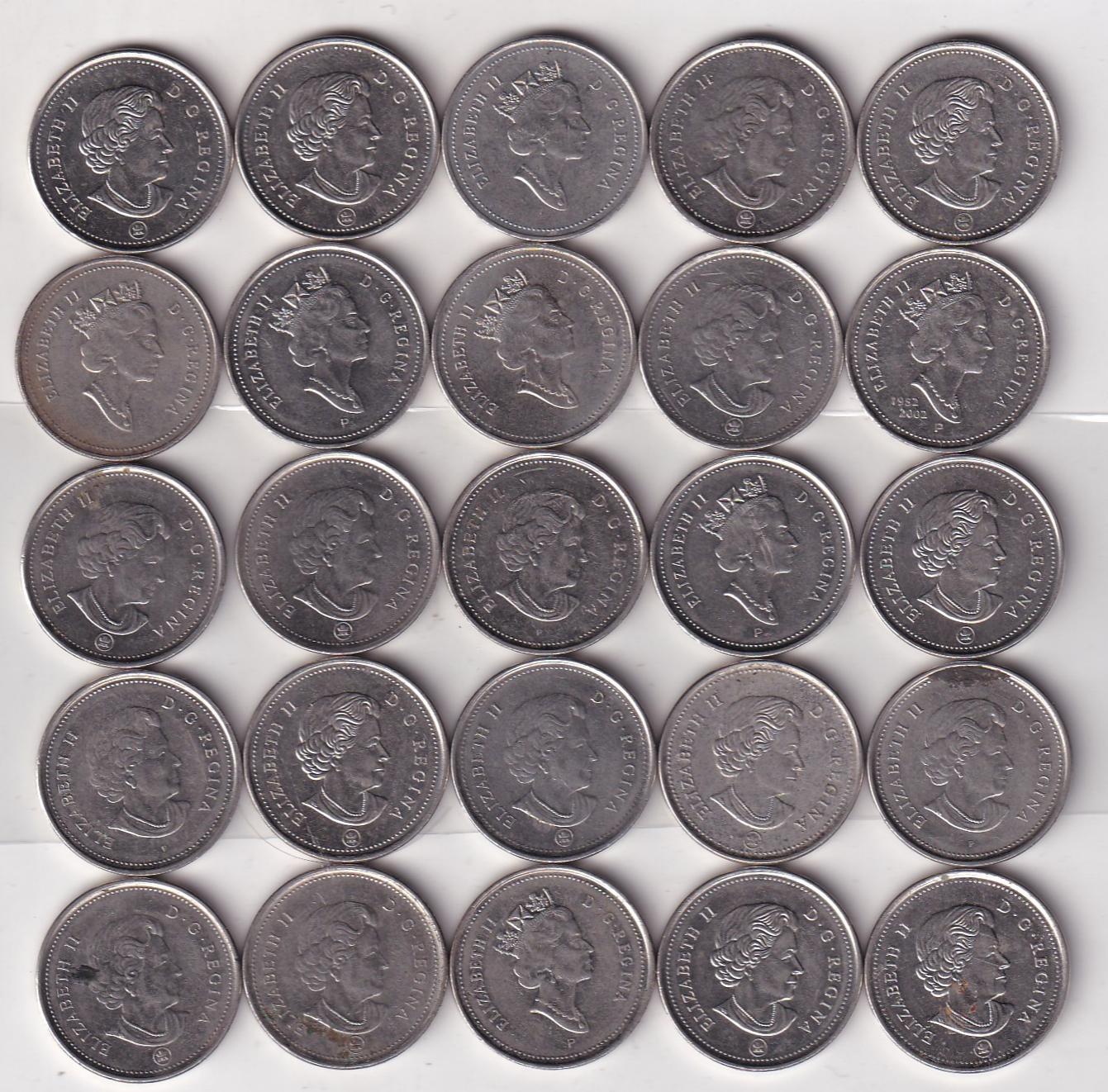 25 Different Dates Canada 5 Cent (25 PCS) Coin SET#E-141