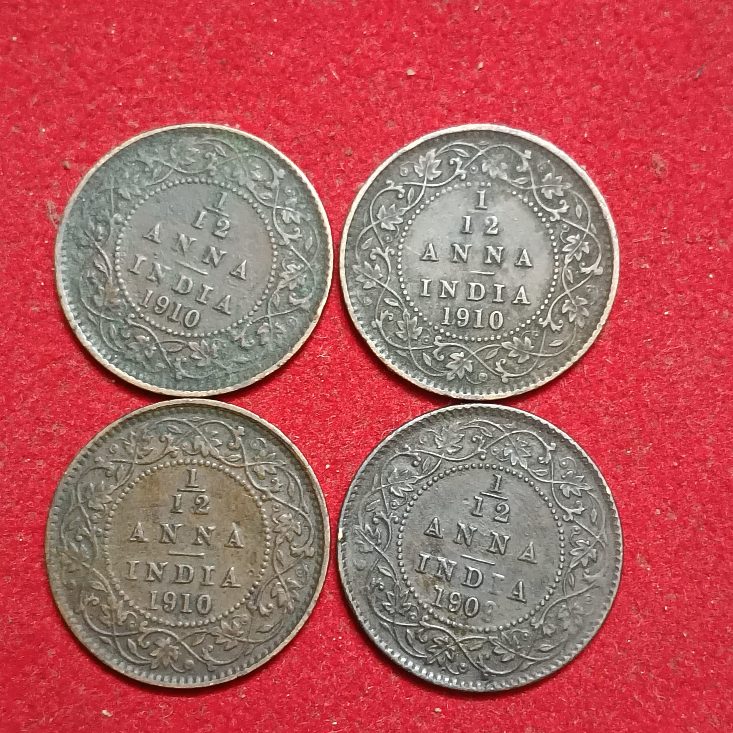 Edward VII King & Emperor 1/12 Anna 1909 or 1910 Year Top Grade Condition 4 Pcs