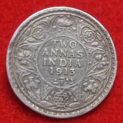 SILVER COIN TWO ANNA GEORGE V 1913 CALCUTTA MINT