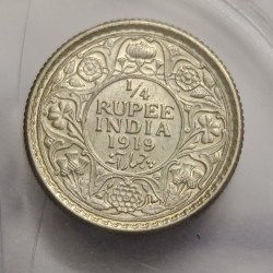 Alternative view of British India George V 1/4 Rupee 1919 Silver Coin BUNC
