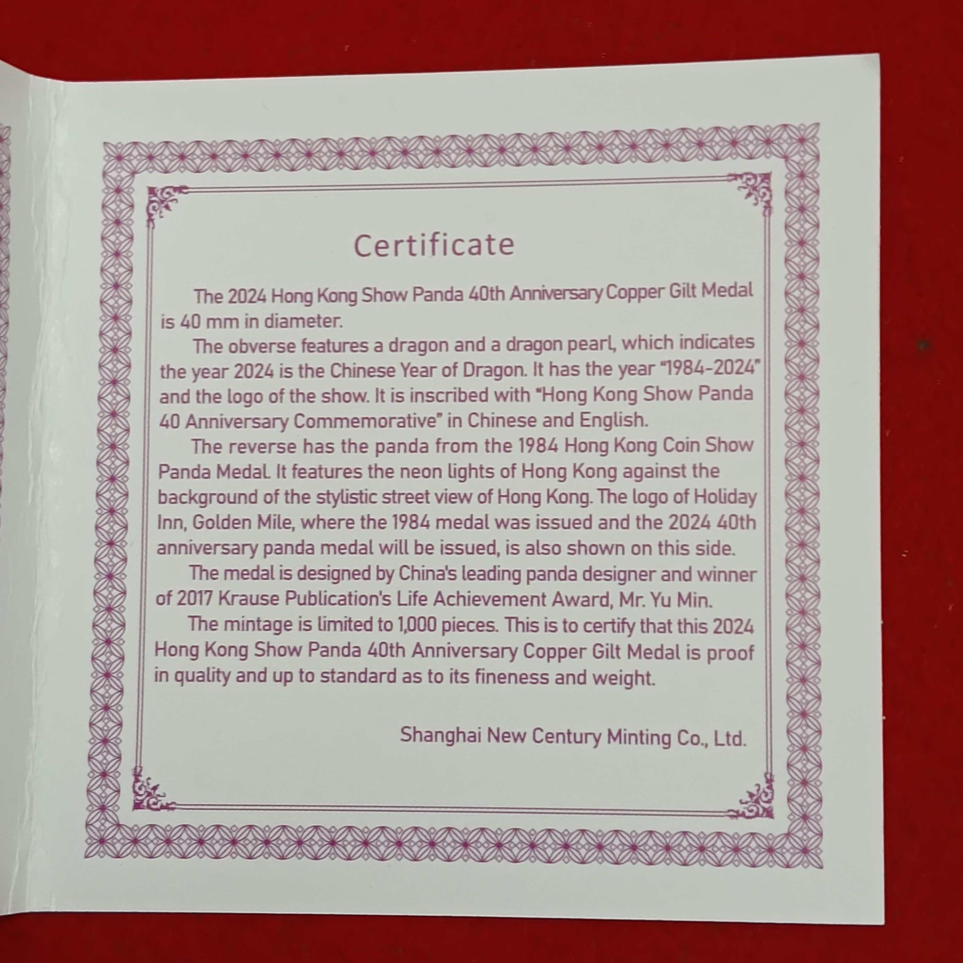 Extremely Rare Proof Coin Hong Kong Show Panda 40 Aniversary Commemorative 1984-2024 Gold Plated