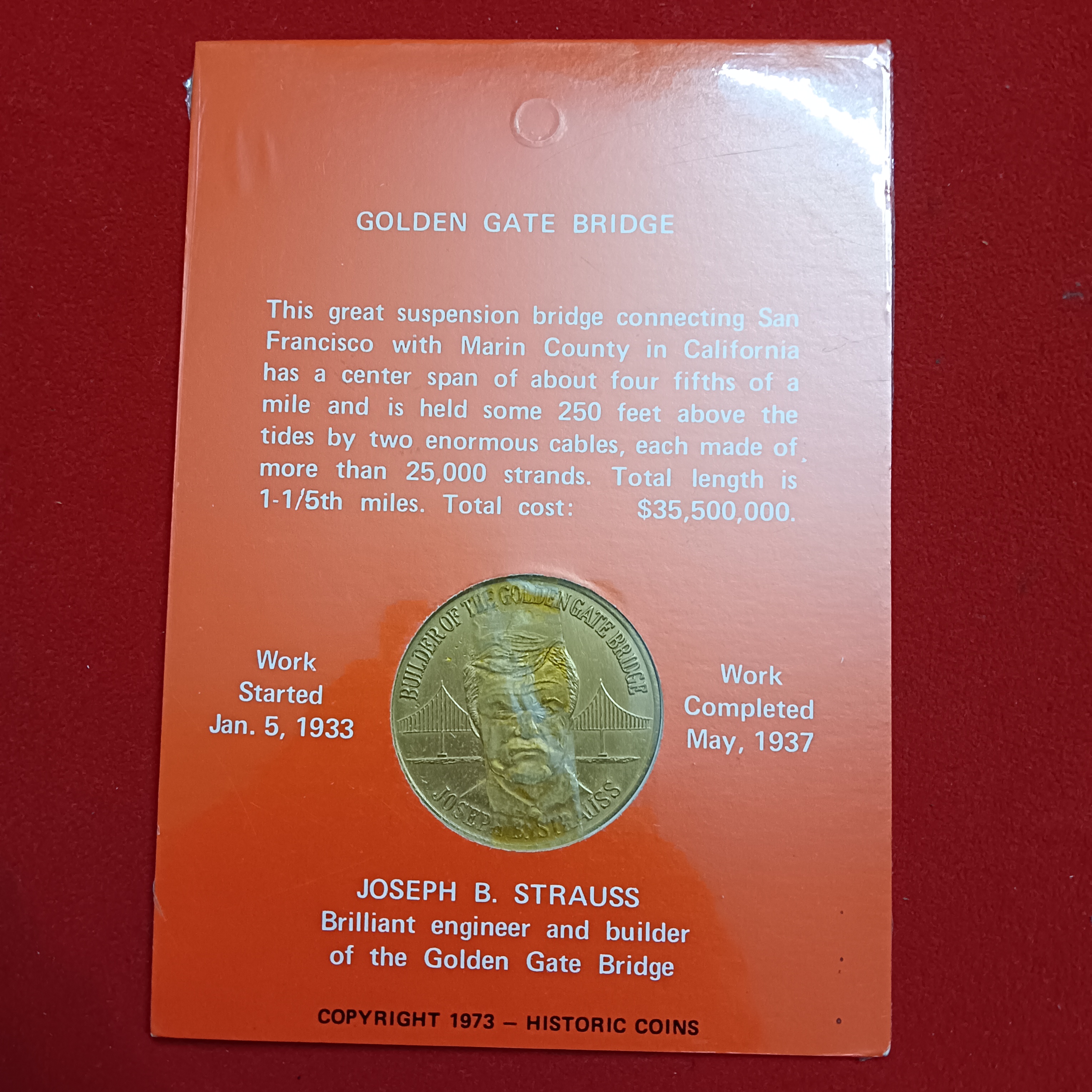 Lucky The Golden Gate Bridge Souvenir Coin World Greatest Tourist Attraction San Francisco Calif Joseph B.Strauss - Image 4