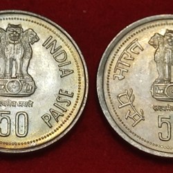 COPPER-NICKEL, 50 PAISE , INDIRA GANDHI REPUBLIC INDIA 1985 BOMBAY MINT GEM UNC CONDITION 2 PC SET