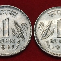 ONE RUPEE COIN 1981 - KOLKATA MINT - NO MINT MARK - 2 COIN SET