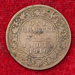 India - British ¼ Anna 1916 (Rare date) - George V Rare Coin # E-232