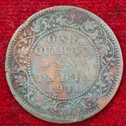India - British ¼ Anna 1911 - George V Rare Coin # E-233