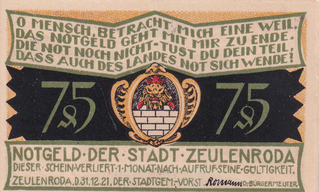 Germany, Zeulenroda 75 Pfennigs (1921) History Series Rare Note Lowest Price