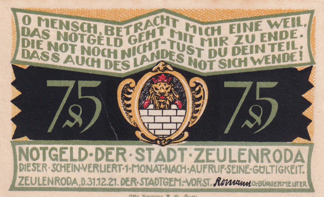 Germany, Zeulenroda 75 Pfennigs (1921) History Series Rare Note Lowest Price