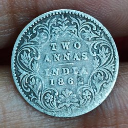 British-India 2 Annas 1862 (Victoria) Rare Silver Coin#E-287