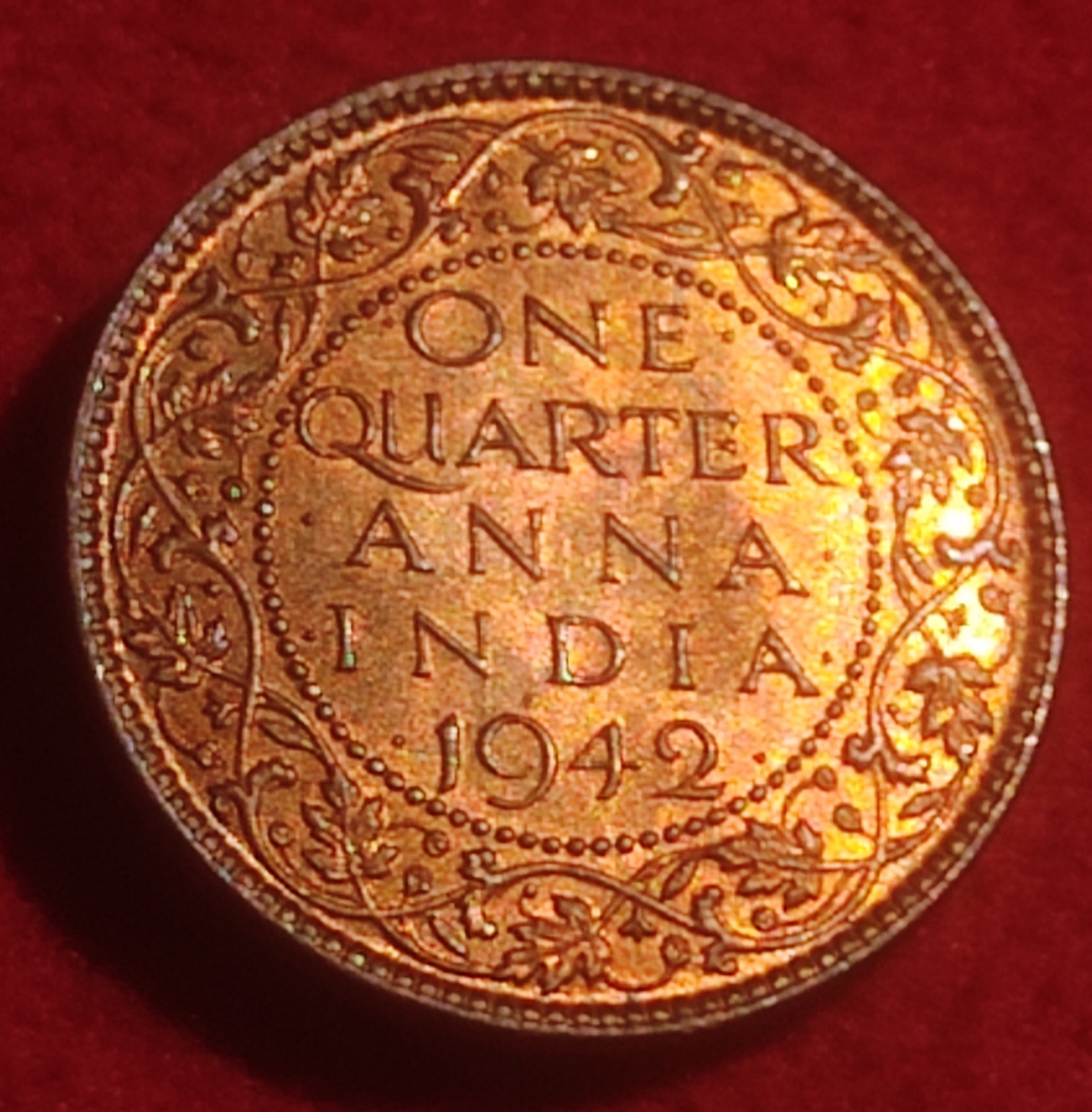 BRONZE ONE QUARTER ANNA COIN KING GEORGE V I CALCUTTA MINT