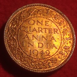 BRONZE ONE QUARTER ANNA COIN KING GEORGE V I CALCUTTA MINT 1942