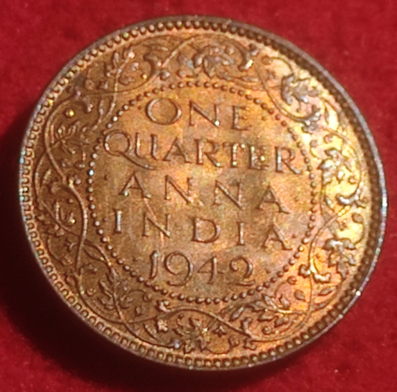 BRONZE ONE QUARTER ANNA COIN KING GEORGE V I CALCUTTA MINT 1942
